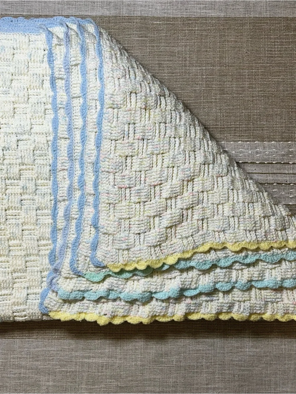 Vintage 1996 Hand Crocheted Baby Blanket Heirloom Pastel Basketweave Afghan prop